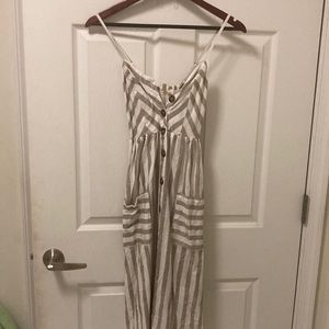 Cute spring/summer dress. White and gray stripes with pockets. Button up dress.